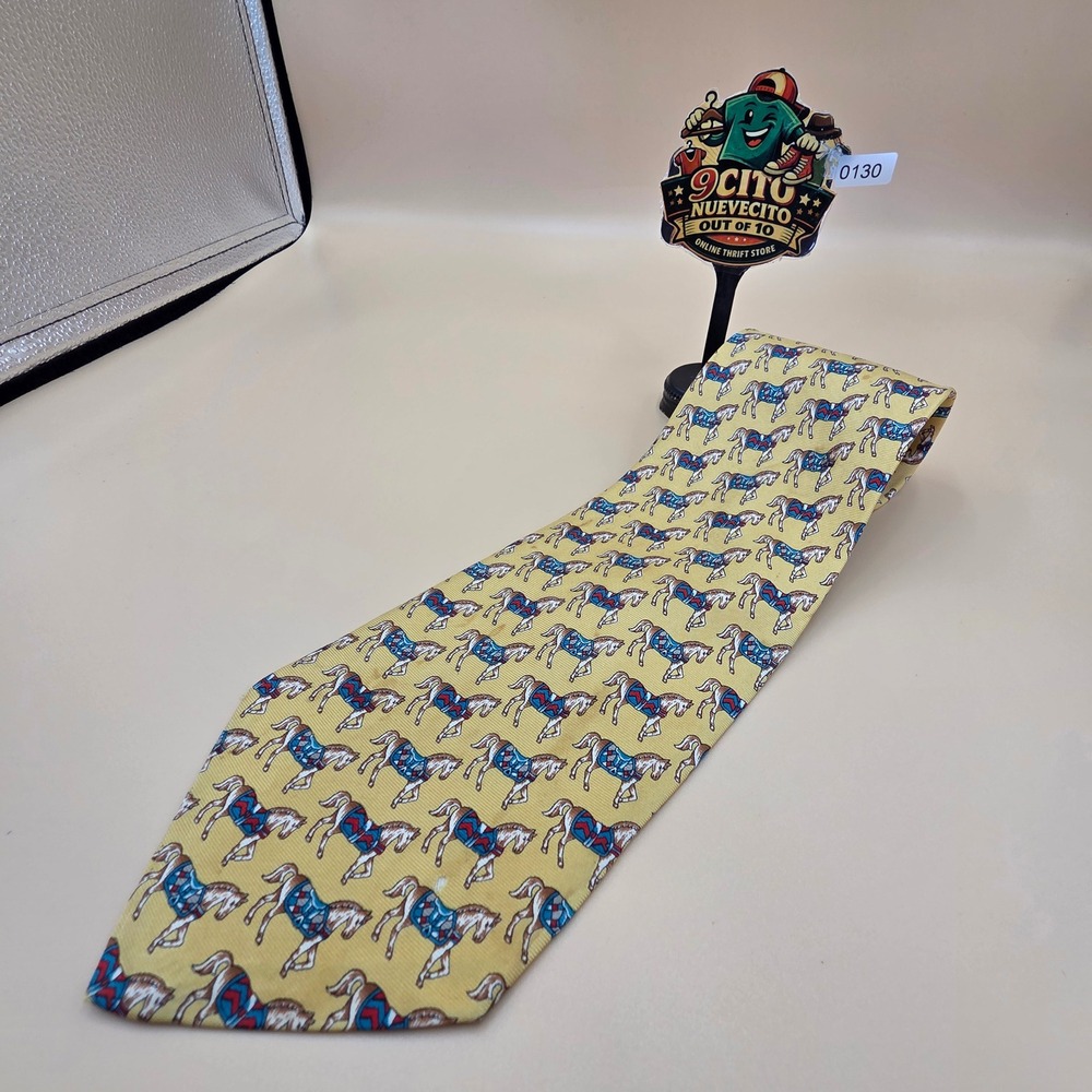 Hugo Boss Mens Silk Tie Yellow Equestrian Horse Print Classic Wide Necktie 58in